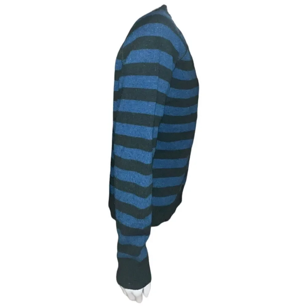 J. Crew Mens Lambs Wool Sweater Blue Green Striped Tight Knit Large EUC